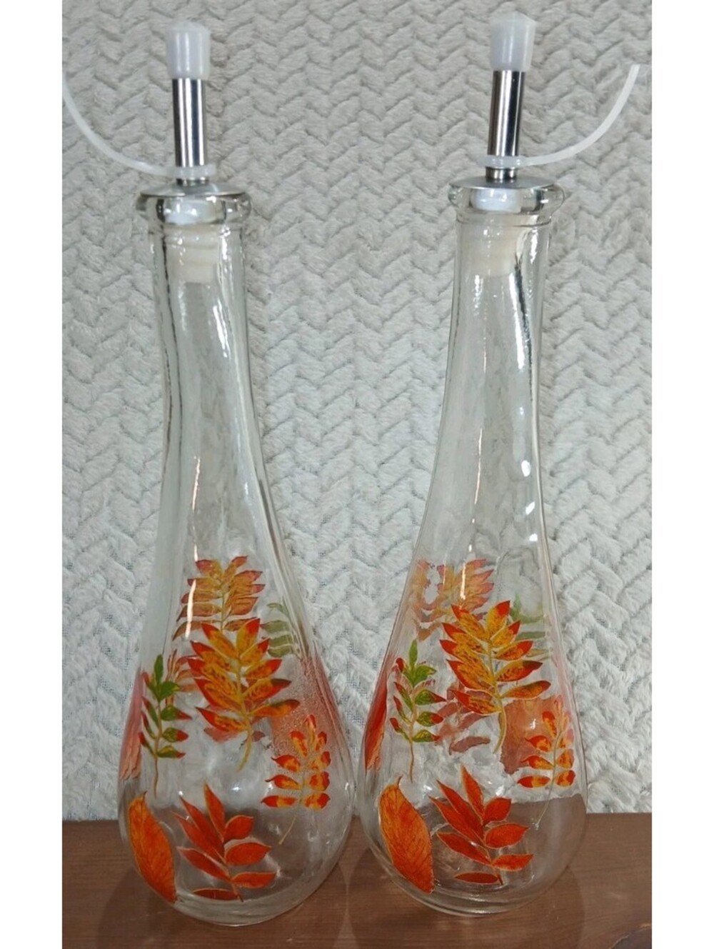 9.5 in - Vinegar & Oil Bottles Handpainted Autumn Colored Leaves - Vintage